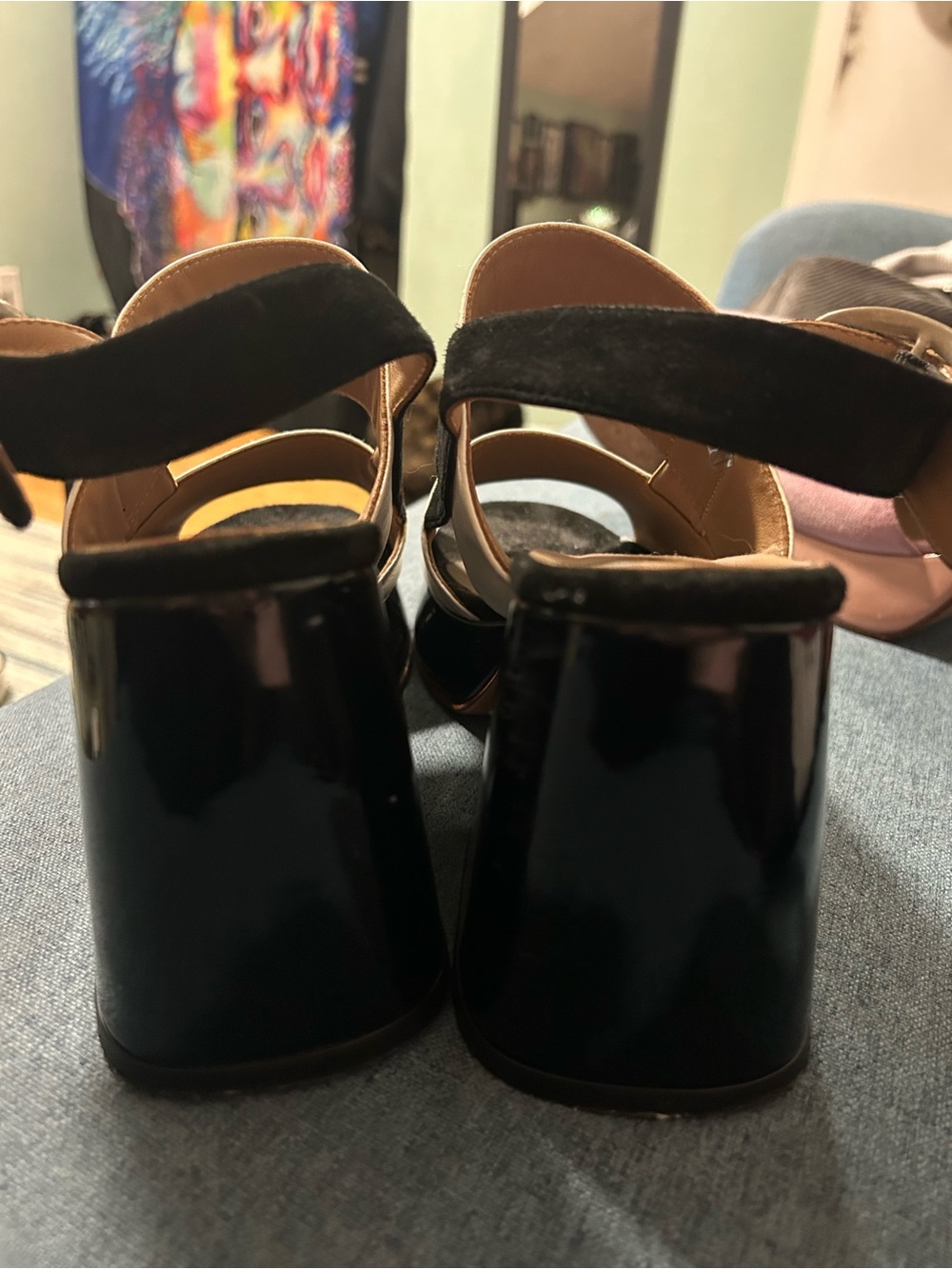 John Fluevog Black and White Leather Wide-Strap Slingback Sandals - Picture 3 of 3